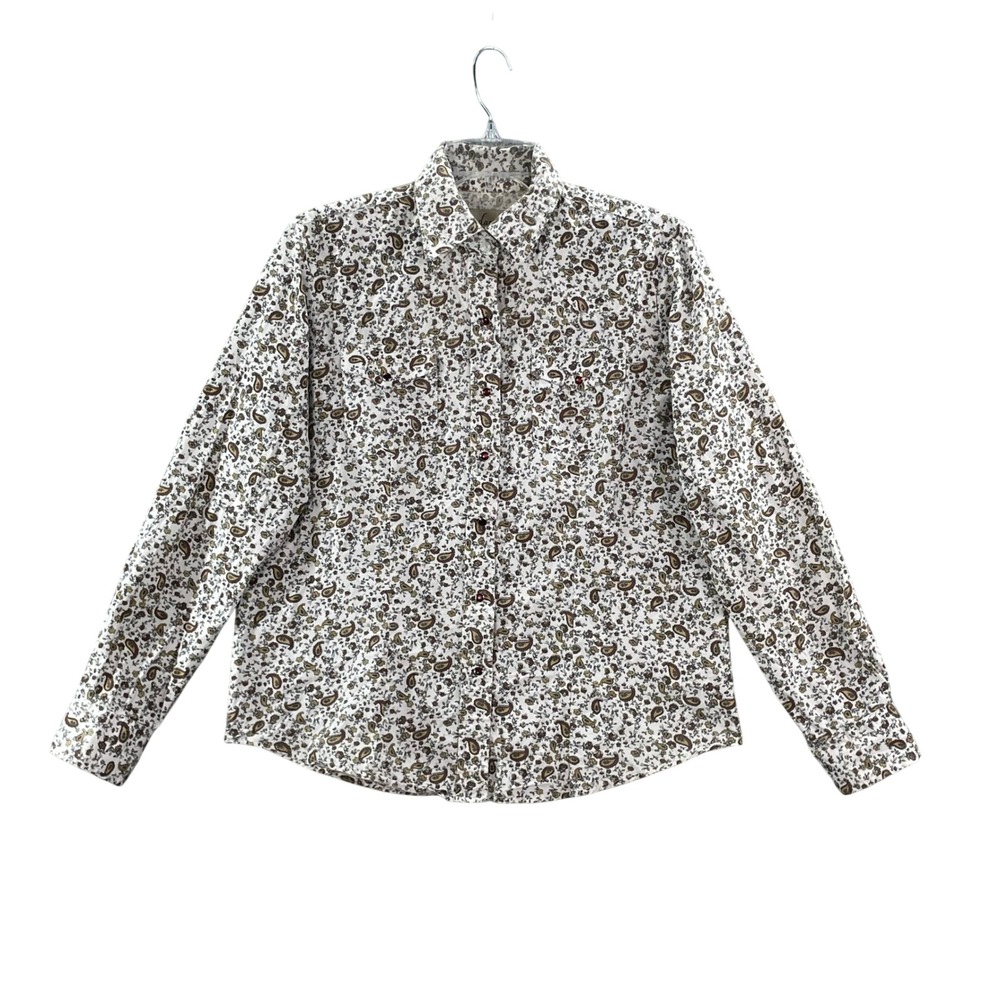 Cedar Rose Button Down Shirt Womens L White Paisley Floral Western Long Sleeve